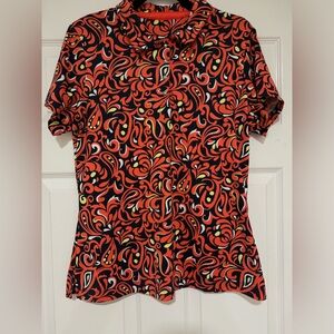 EUC Tail Womens salmon navy paisley polo shirt with snap closure sz L